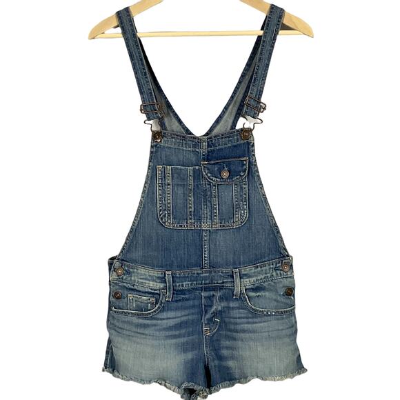 Abercrombie & Fitch Overalls Shorts ShortAlls Raw Hem Y2K Classic Blue Wash sz S - Picture 10 of 16